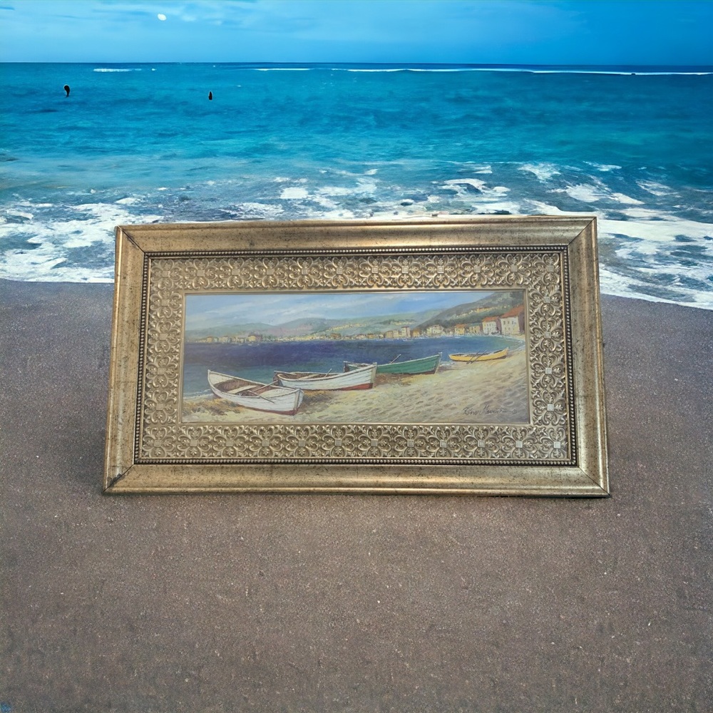 “Row Boats A Shore”Signed Print By Ruane Manning Coastal Scene Gold Ornate Matte